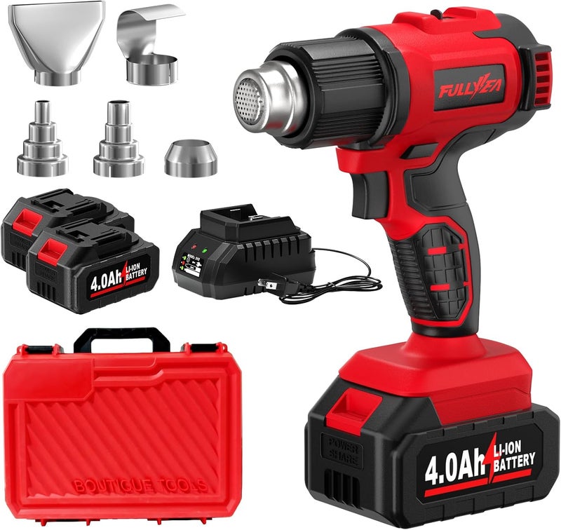 FULLYEA Cordless Heat Gun, Max 1022°F (550°C) Fast Heating, Lightweight Hot Air Gun Kit with 2x4.0Ah Batteries & 5 Nozzles, Portable Heat Gun for Shrink Tubing, PVC Wrap, Crafts (Red) - Image 1